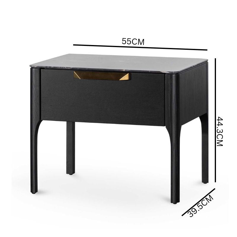 Aspen Wooden Bedside Table - Black with Marble Top