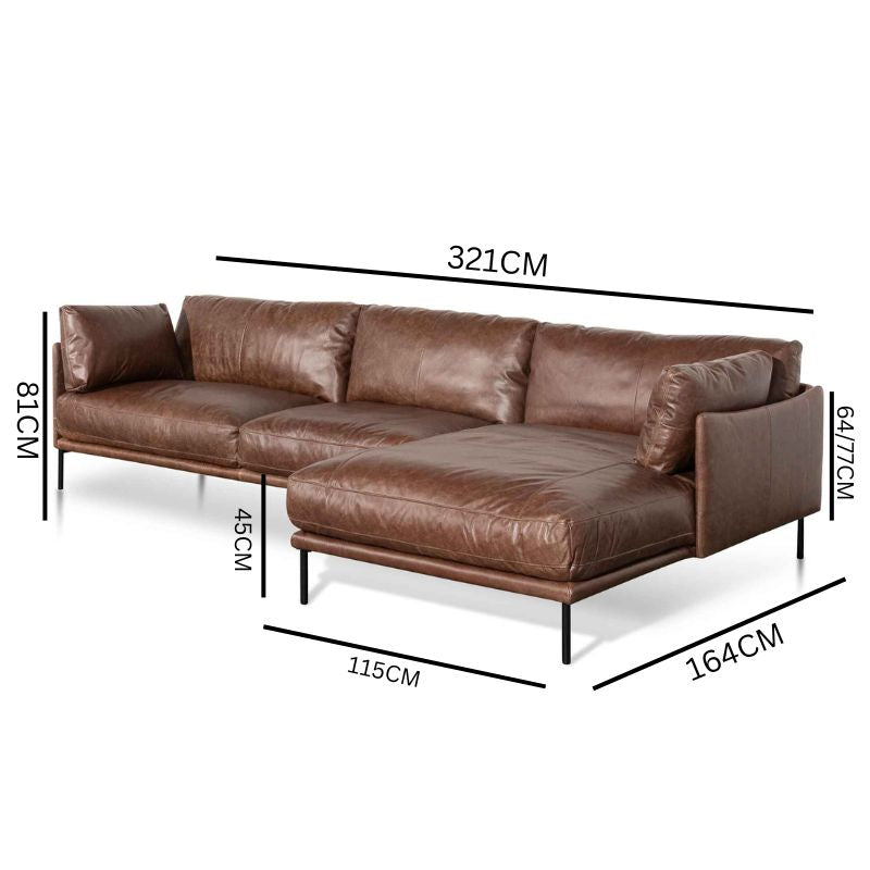 Emilis 4S Right Chaise Leather Sofa - Dark Brown