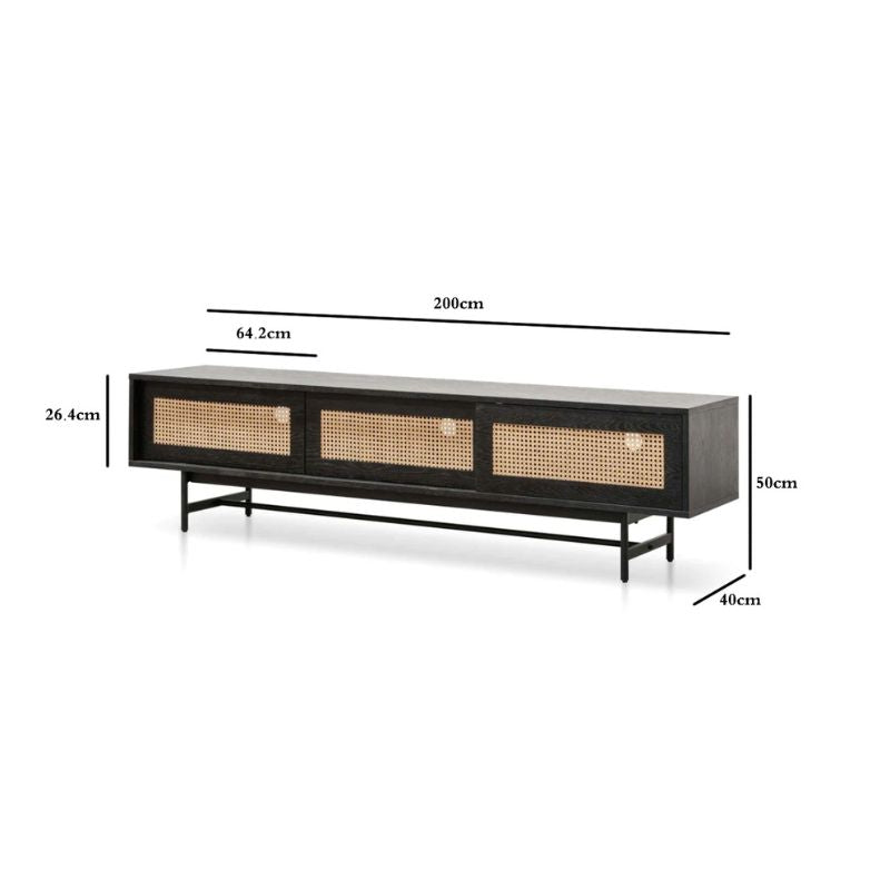 Delaney TV Stand - Black with Natural Rattan Doors