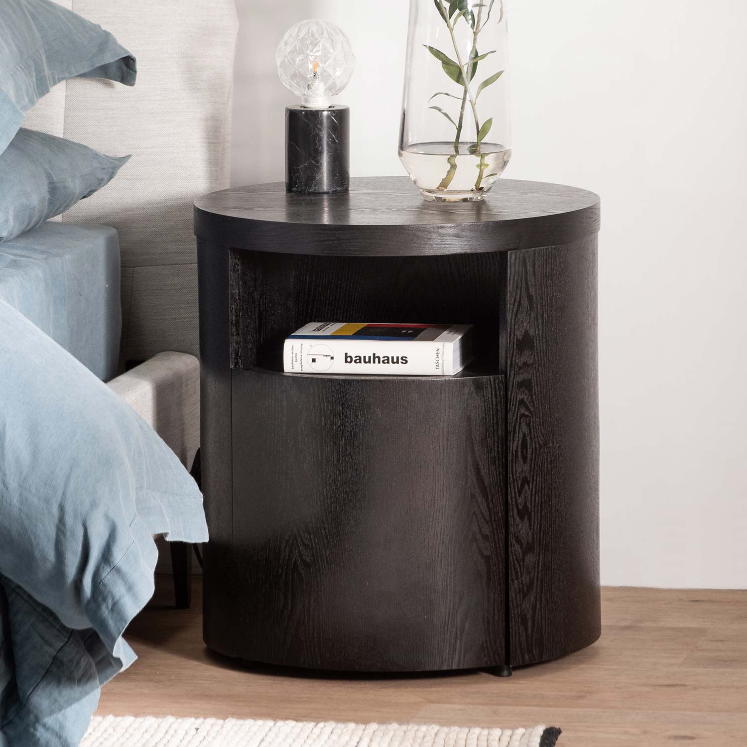 Amelia Round Wooden Bedside Table w/ Drawer - Black Mountain - Bedside Tables
