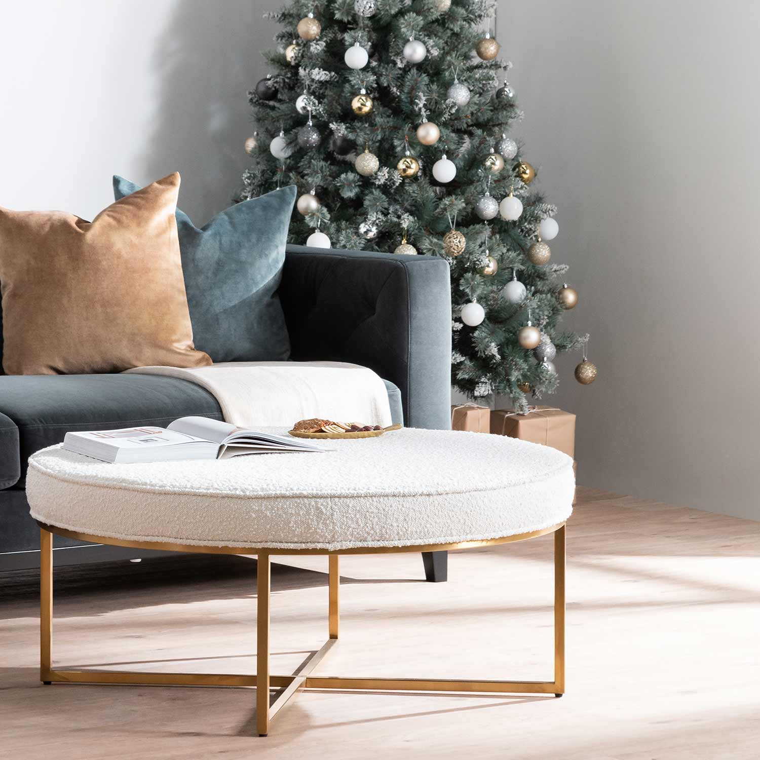 Bella Ivory White Boucle Ottoman - Brushed Gold Base - Stool