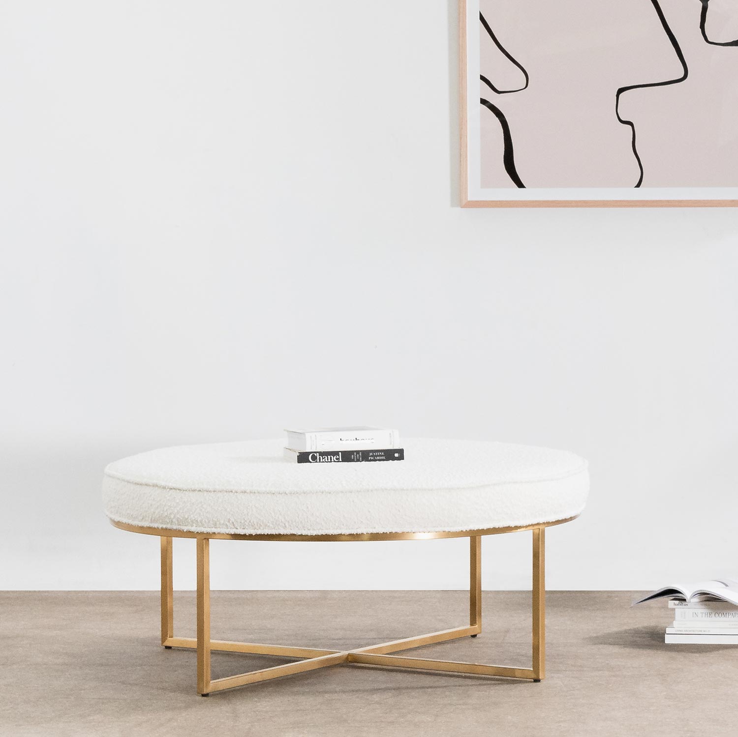 Bella Ivory White Boucle Ottoman - Brushed Gold Base - Stool