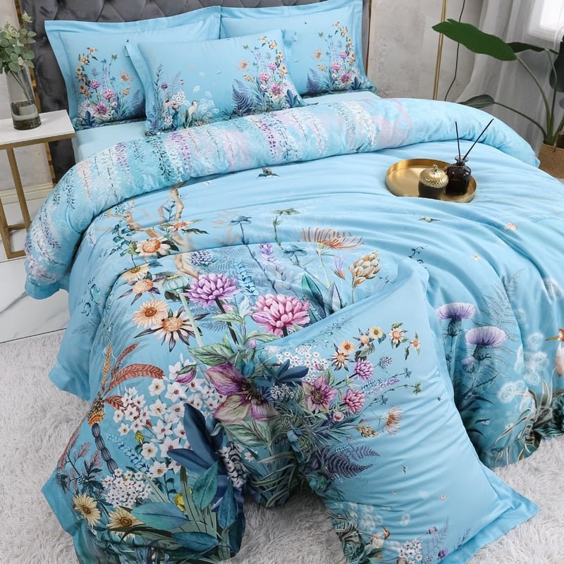 Botanical Sky Blue Duvet Cover Set (Egyptian Cotton, 500 TC) - Duvet Covers