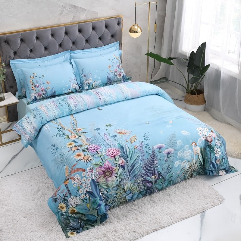 Botanical Sky Blue Duvet Cover Set (Egyptian Cotton, 500 TC) - Duvet Covers
