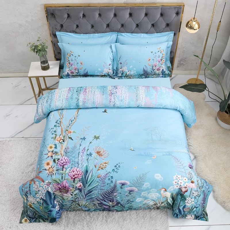 Botanical Sky Blue Duvet Cover Set (Egyptian Cotton, 500 TC) - Duvet Covers