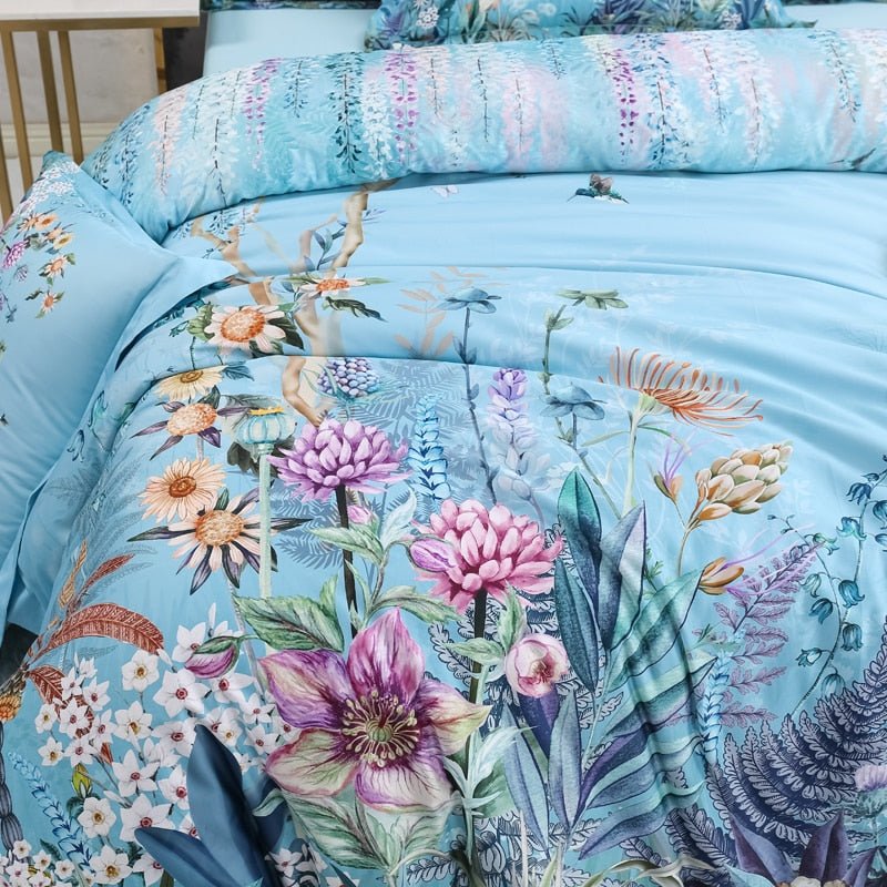 Botanical Sky Blue Duvet Cover Set (Egyptian Cotton, 500 TC) - Duvet Covers
