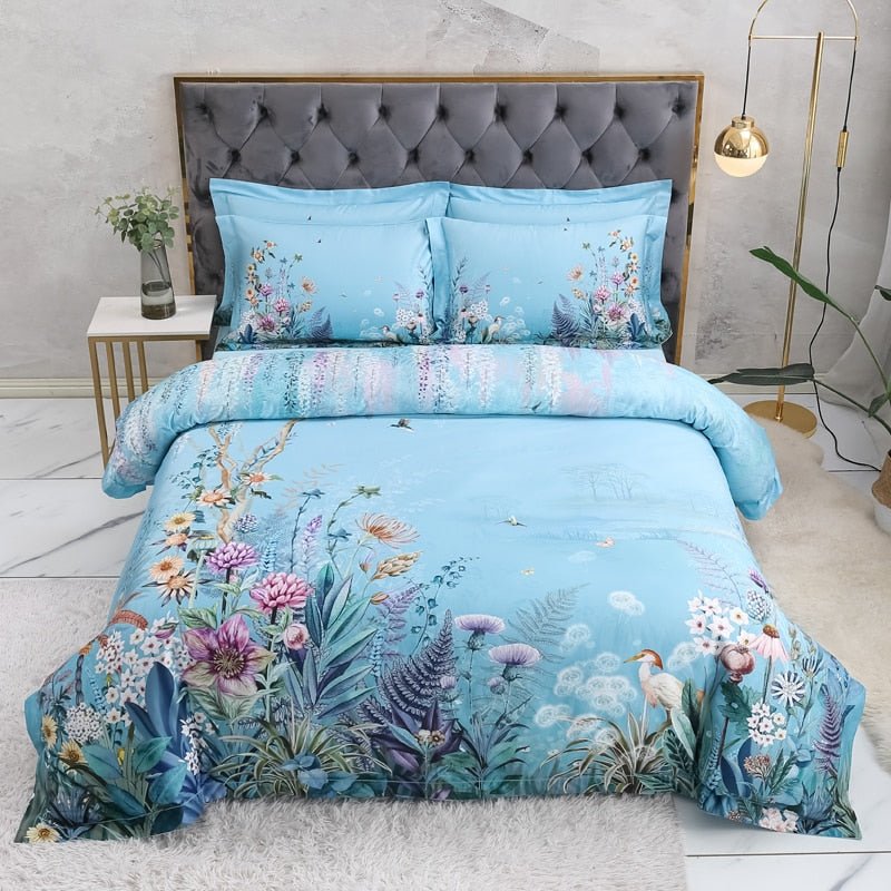 Botanical Sky Blue Duvet Cover Set (Egyptian Cotton, 500 TC) - Duvet Covers