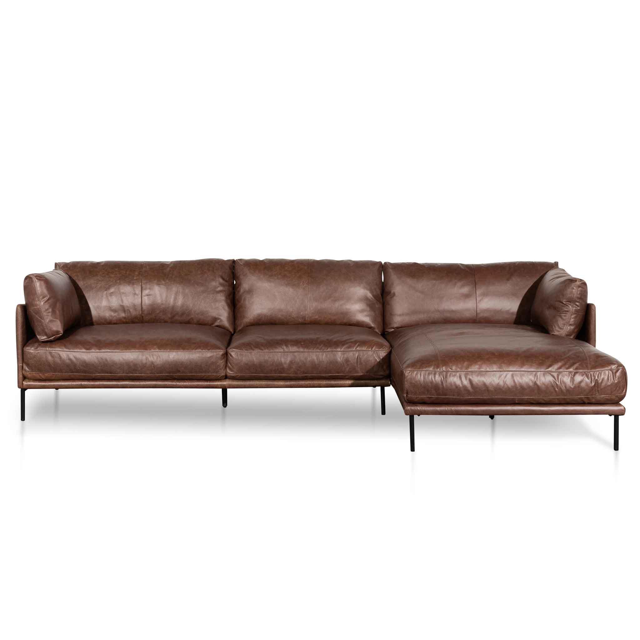 Emilis 4S Right Chaise Leather Sofa - Dark Brown - Sofas