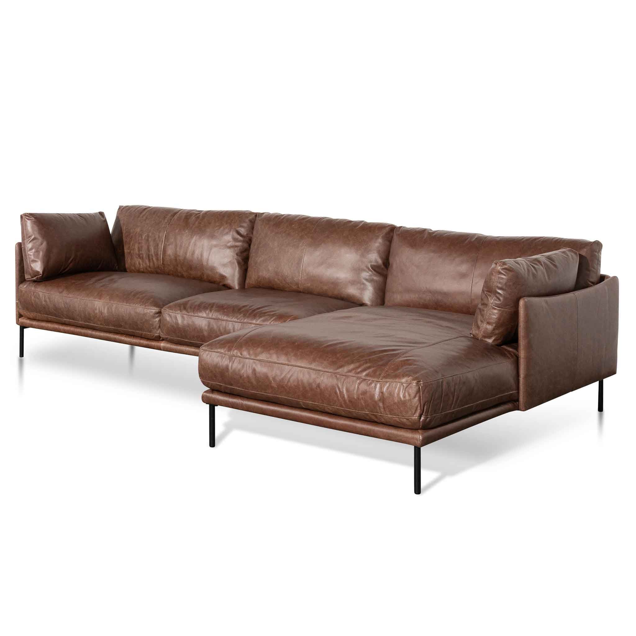 Emilis 4S Right Chaise Leather Sofa - Dark Brown - Sofas