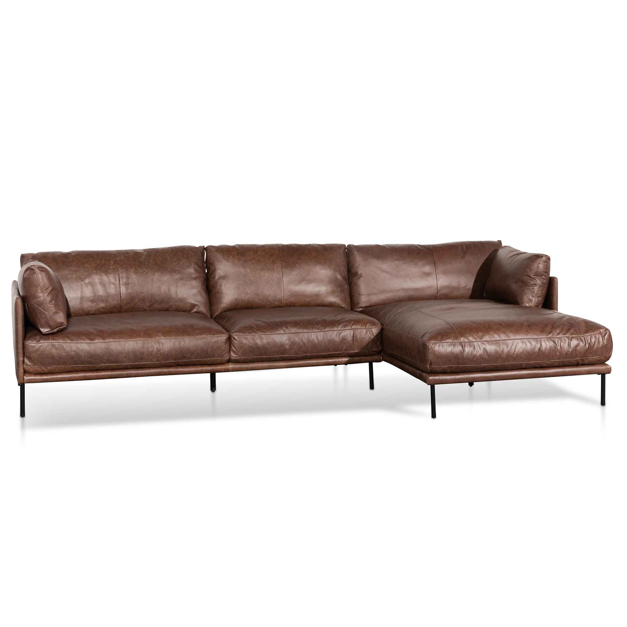 Emilis 4S Right Chaise Leather Sofa - Dark Brown - Sofas