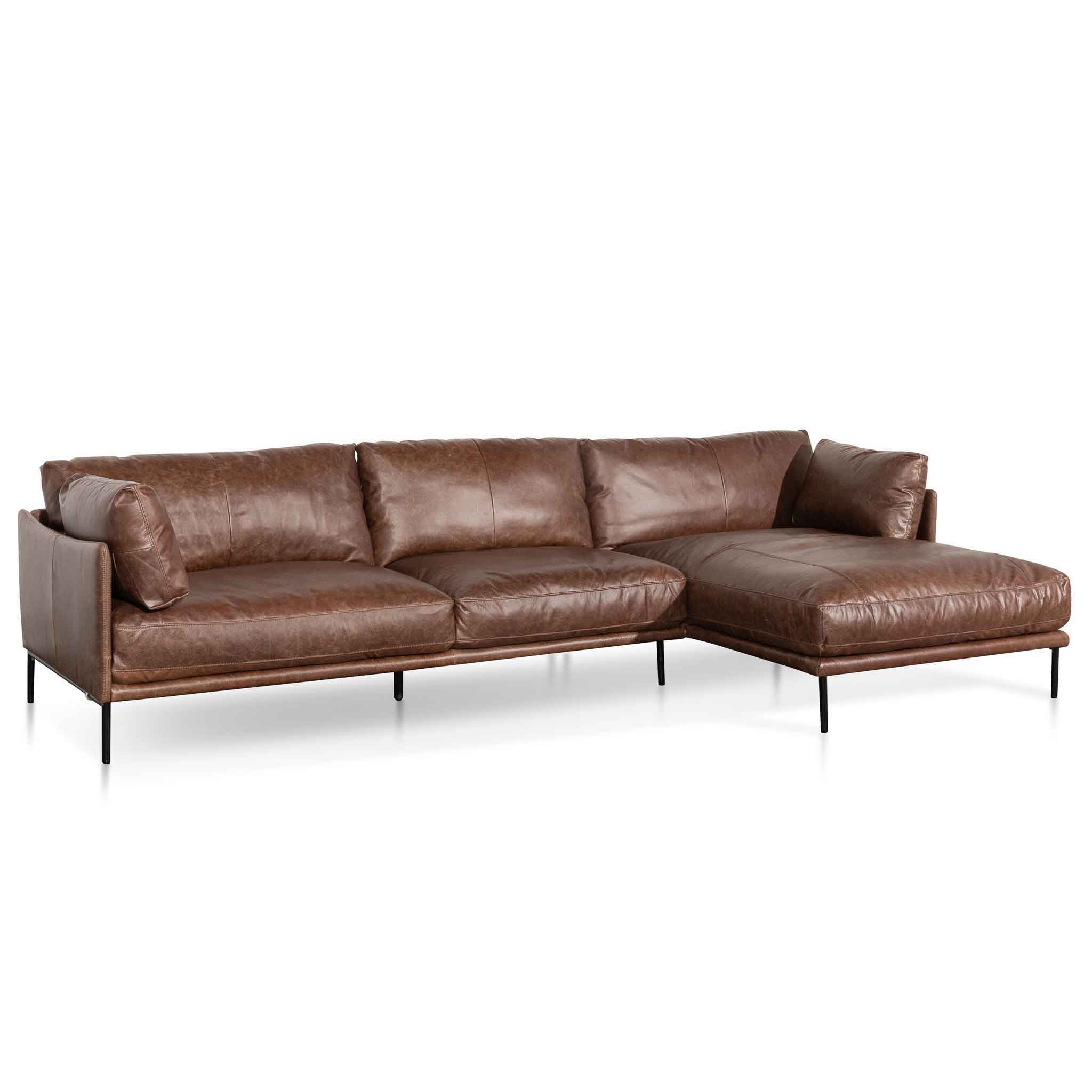 Emilis 4S Right Chaise Leather Sofa - Dark Brown - Sofas