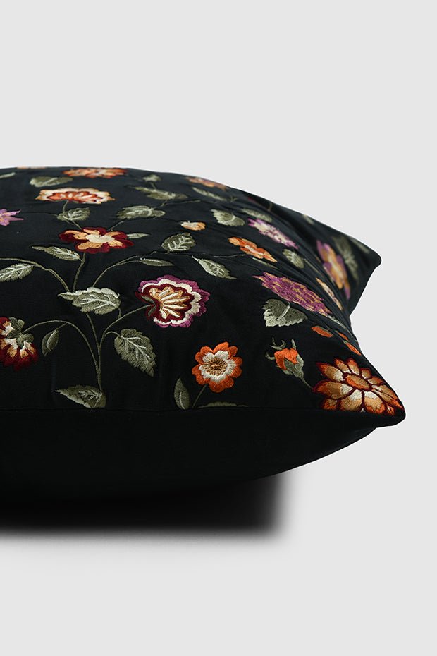 Floral Embroidered Pillow Cover , Black - Pillow Covers