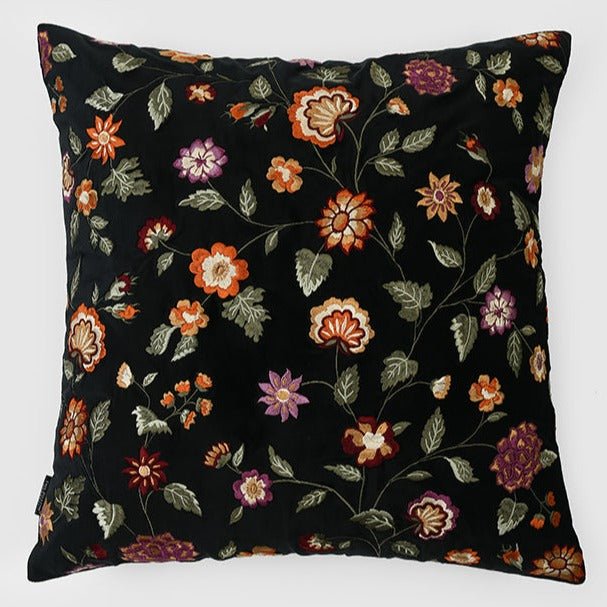 Floral Embroidered Pillow Cover , Black - Pillow Covers