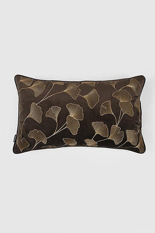 Ginkgo Leaf Embroidered Velvet Lumbar Pillow Cover , Brown - Pillow Covers