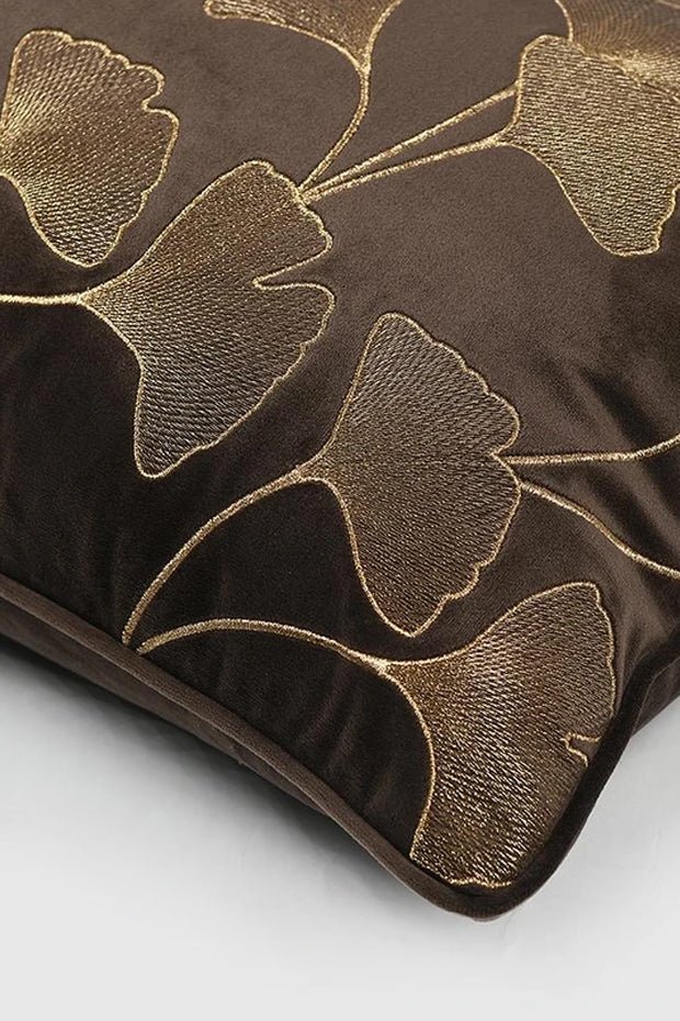 Ginkgo Leaf Embroidered Velvet Lumbar Pillow Cover , Brown - Pillow Covers