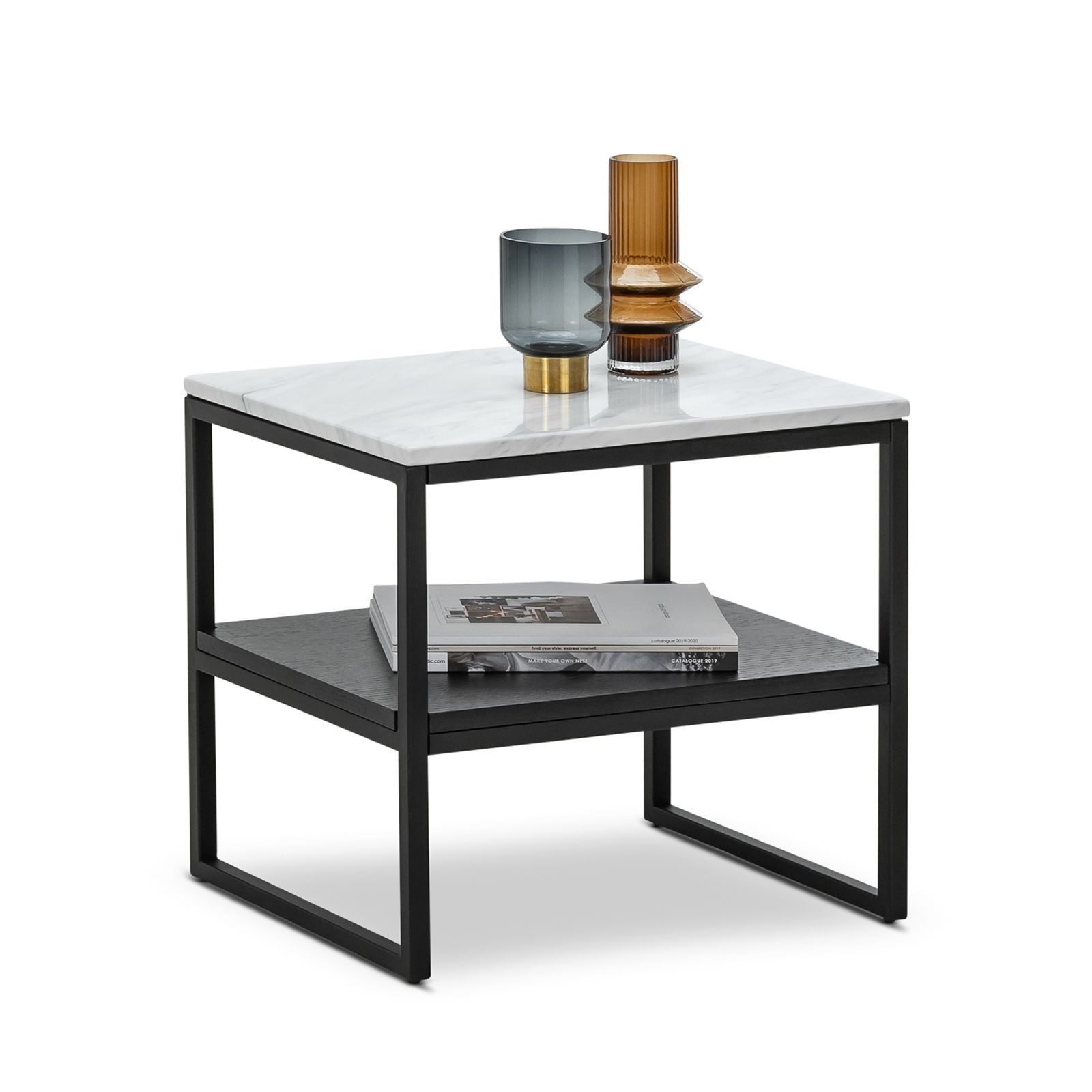 Jackey White Marble Side Table - Black - Bedside Tables