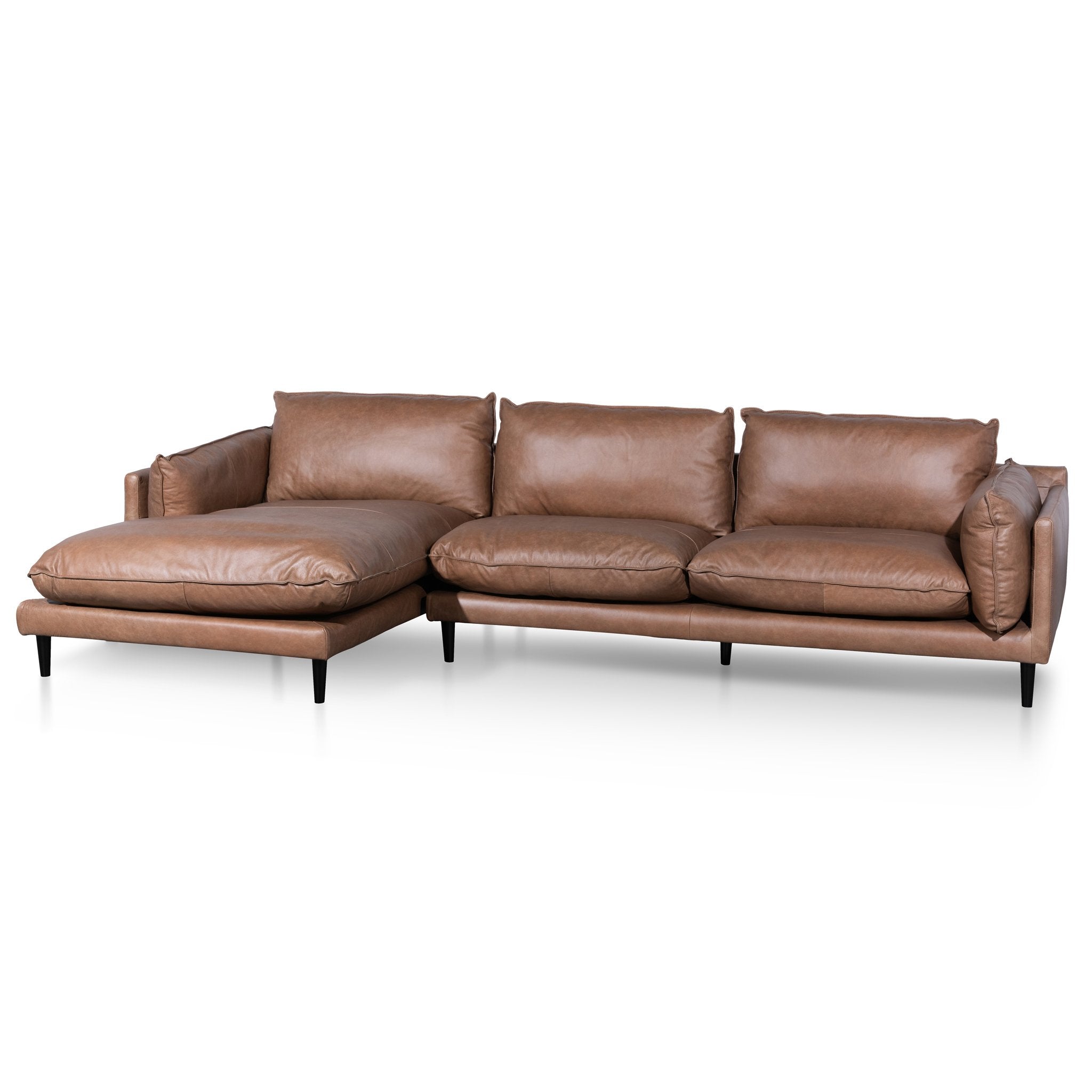 Lucio 4S Left Chaise Leather Sofa - Saddle Brown - Sofas