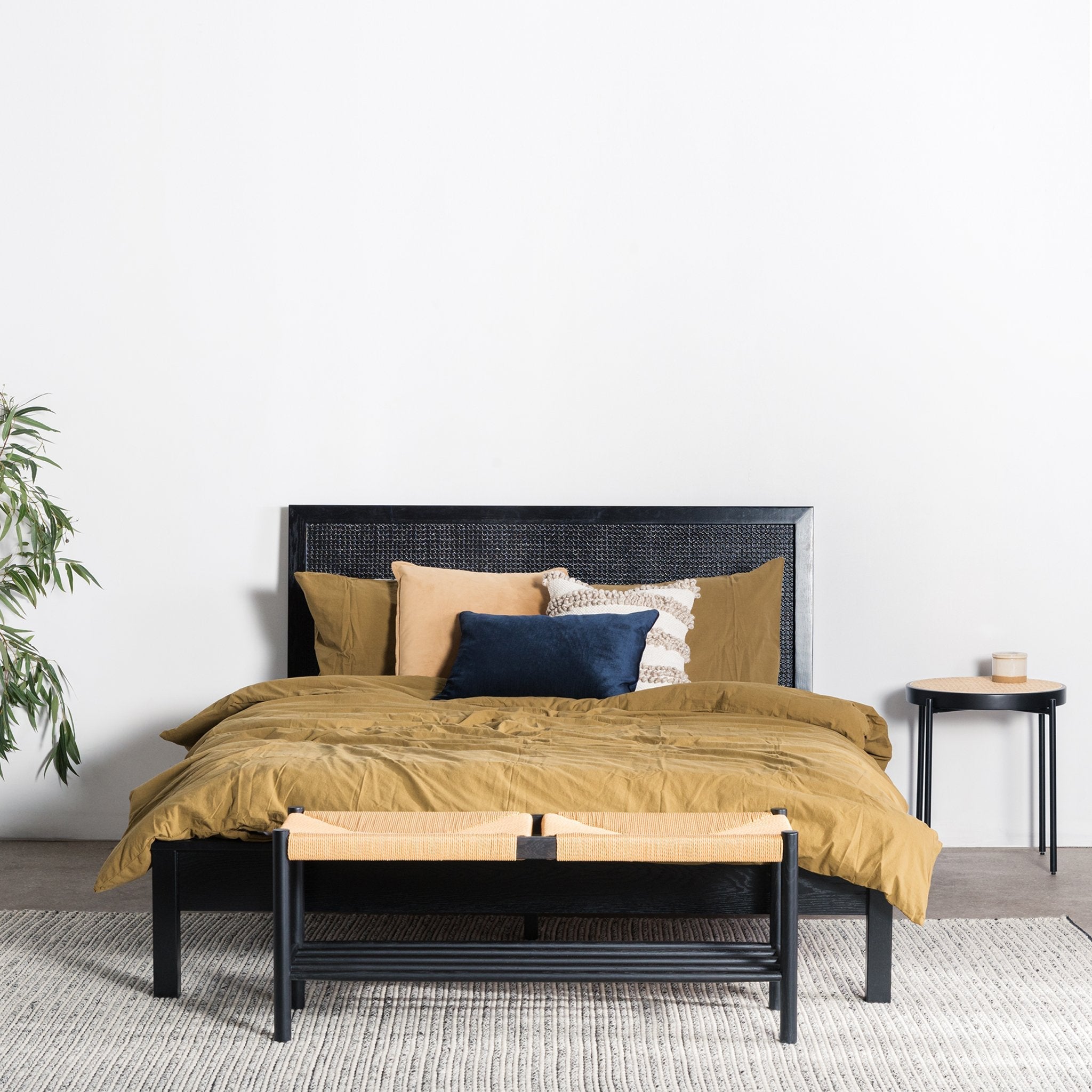 Olivia Wooden Queen Bed Frame - Black Rattan - Beds