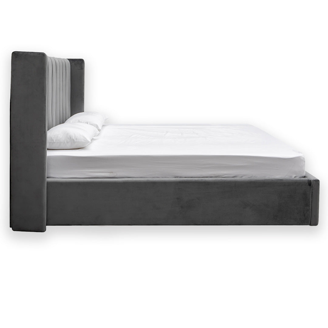 Sebastian Queen Bed Frame - Wide Base in Charcoal Velvet - Beds