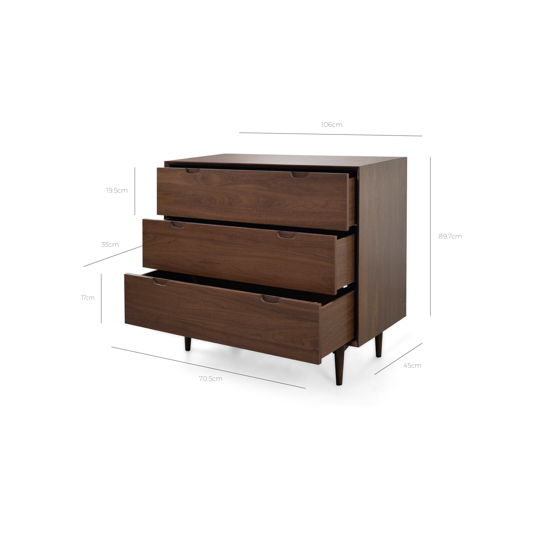 Stella 3 Drawer Chest Scandinavian Design - Walnut - Dressers