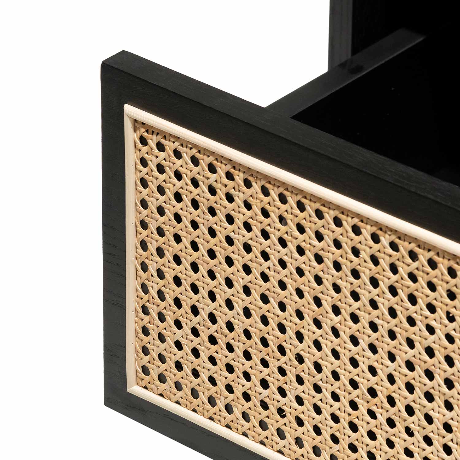 Thiago Wooden Side Table with Rattan Front - Black - Bedside Tables