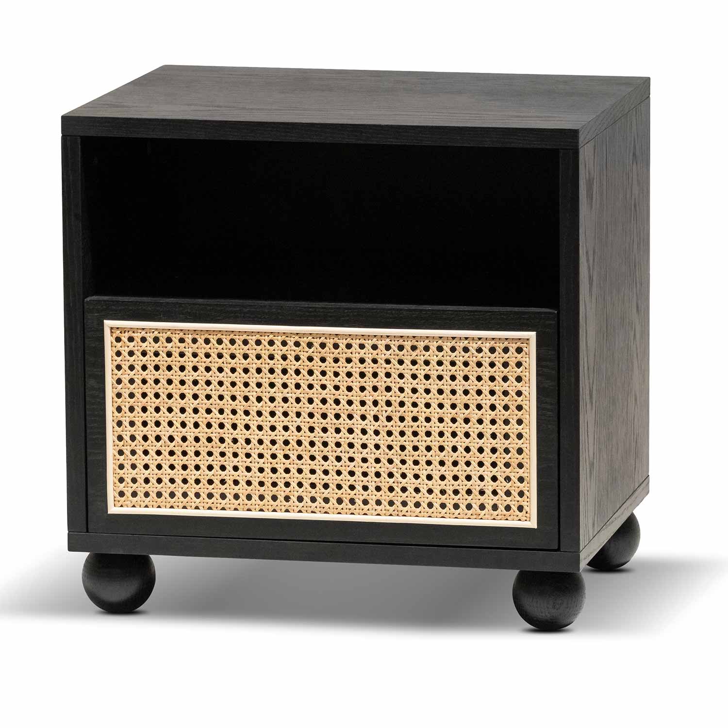 Thiago Wooden Side Table with Rattan Front - Black - Bedside Tables