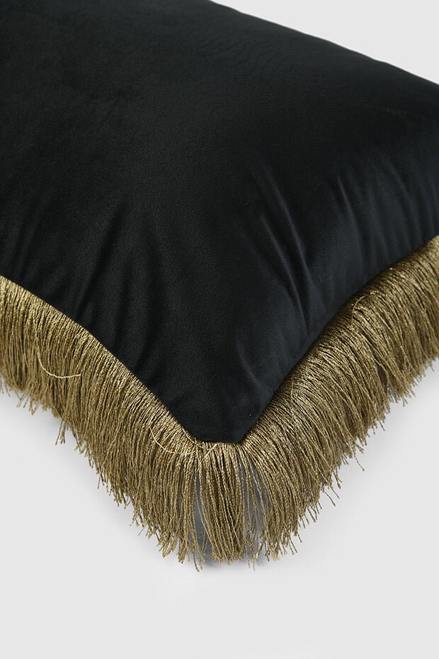 Velvet Fringe Lumbar Pillow Cover , Black - Pillow Covers