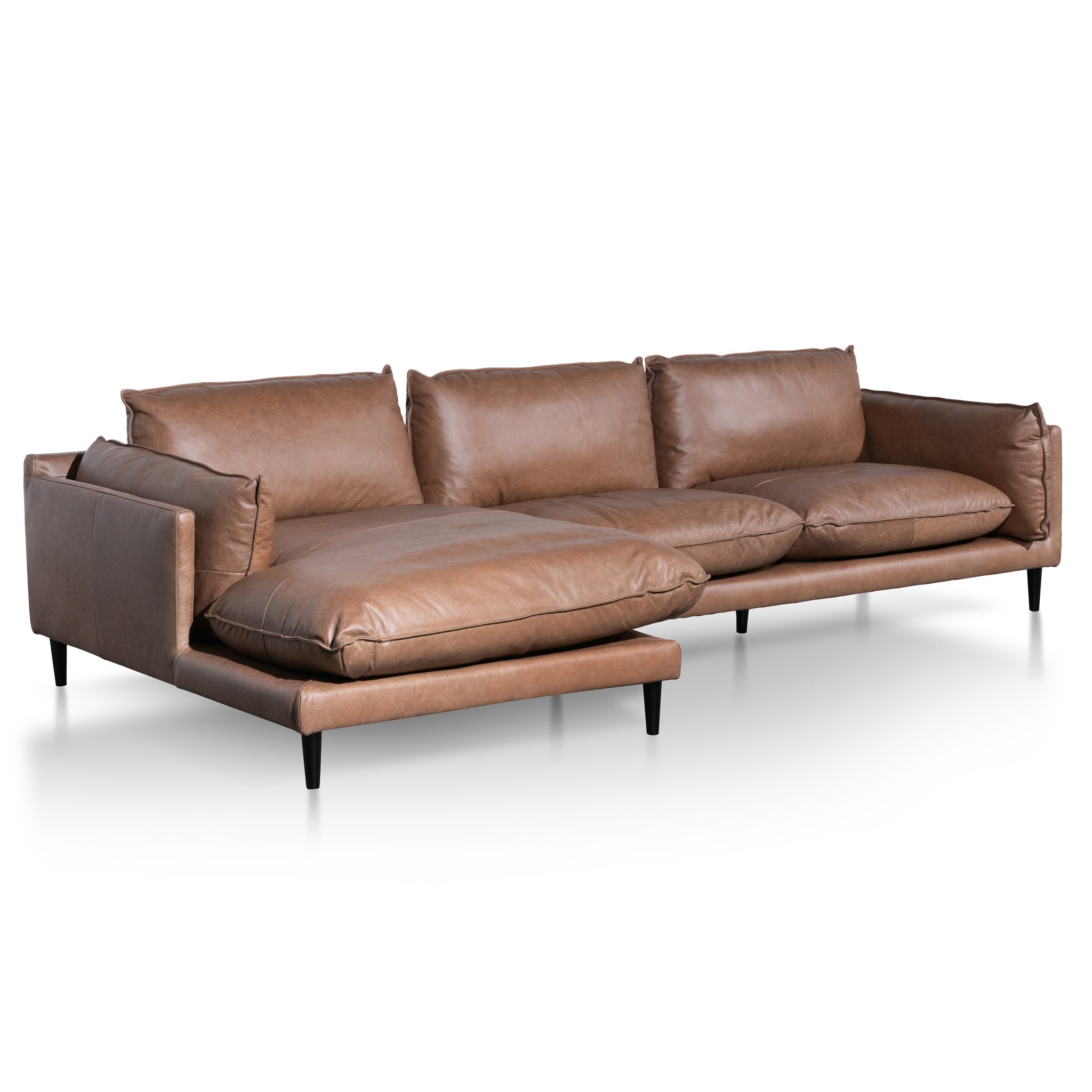 Lucio 4S Left Chaise Leather Sofa - Saddle Brown - Sofas