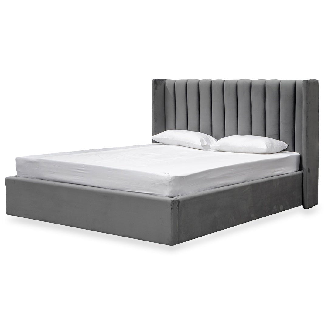 Sebastian Queen Bed Frame - Wide Base in Charcoal Velvet - Beds