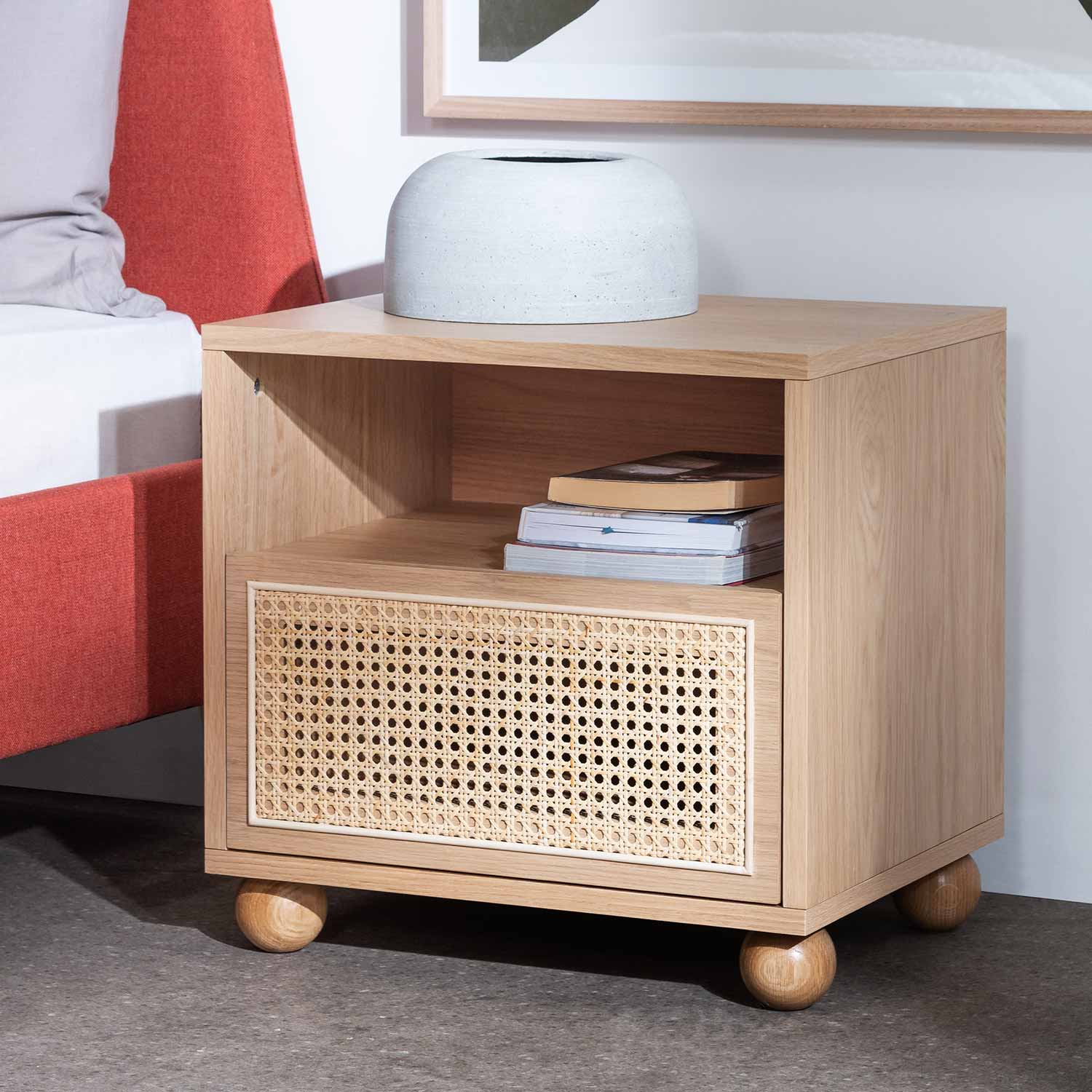 Thiago Wooden Side Table with Rattan Front - Natural - Bedside Tables