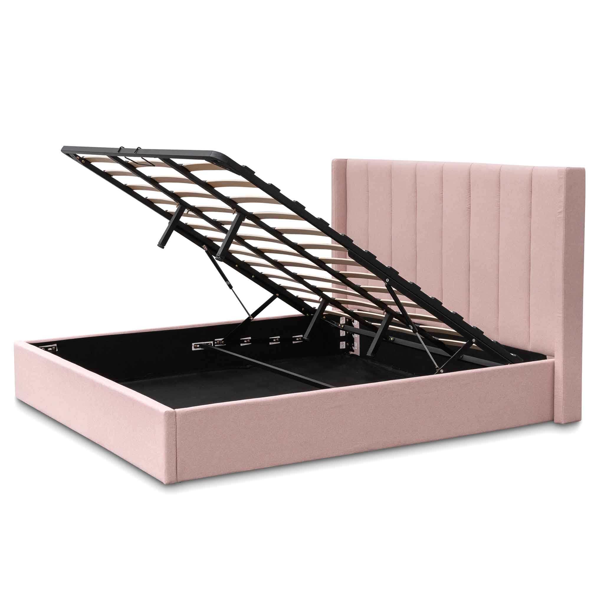 Vivienne Fabric King Bed Frame - Blush Pink with Storage - Beds